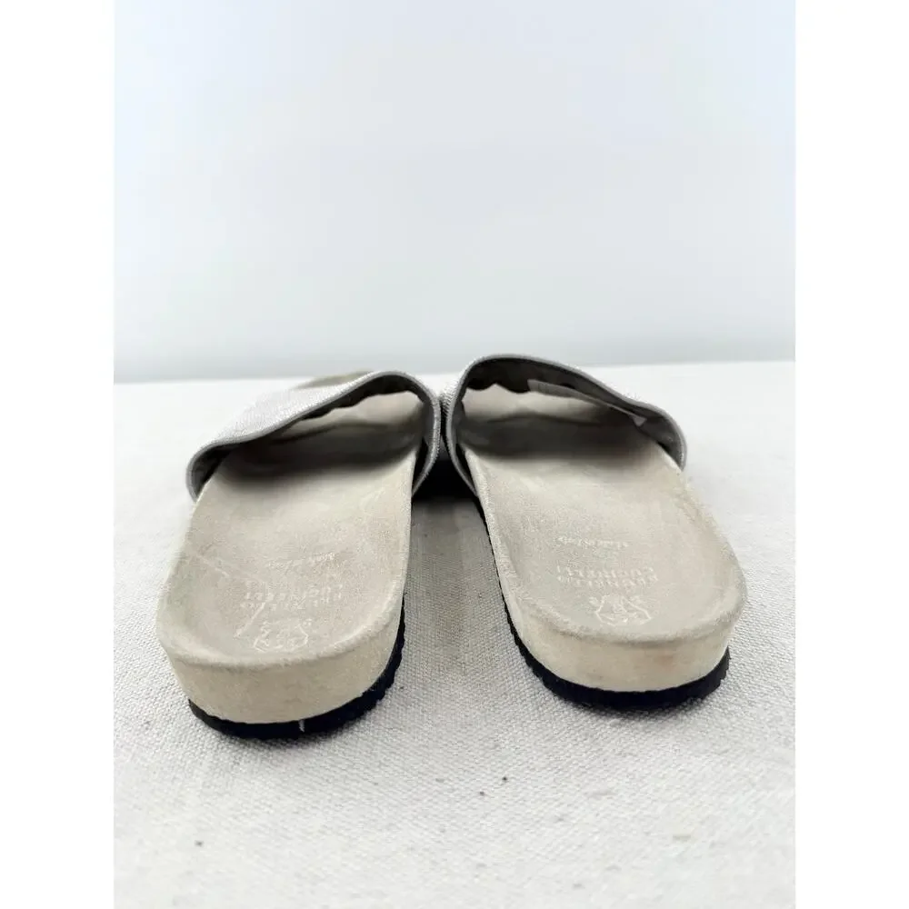 Brunello Cucinelli Anatomical Suede Embellished Slides Sandals Silver Tan EU 40